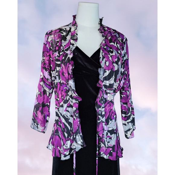 Y2k Studio 1940 Purple White Frilly Mesh Funky Tie Front Blouse Top Sz Small - Picture 2 of 6